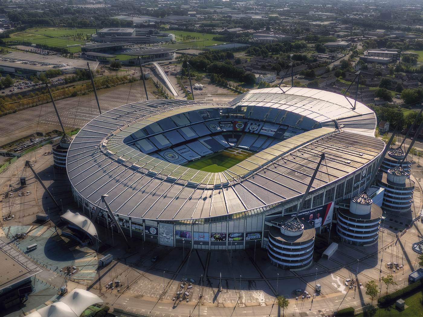 Aerial view of Manchester City's Etihad Stadium during the City financial investigation covering 2009 to 2018