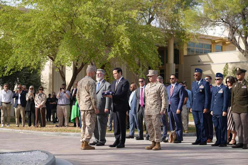 Secretary of State Marco Rubio at Embassy Kuwait City before announcing international criminal court sanctions in 2026