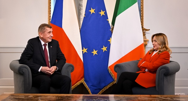 Italian Prime Minister Giorgia Meloni and Czech Prime Minister Andrej Babis meet at Chigi Palace in Rome in February 2026