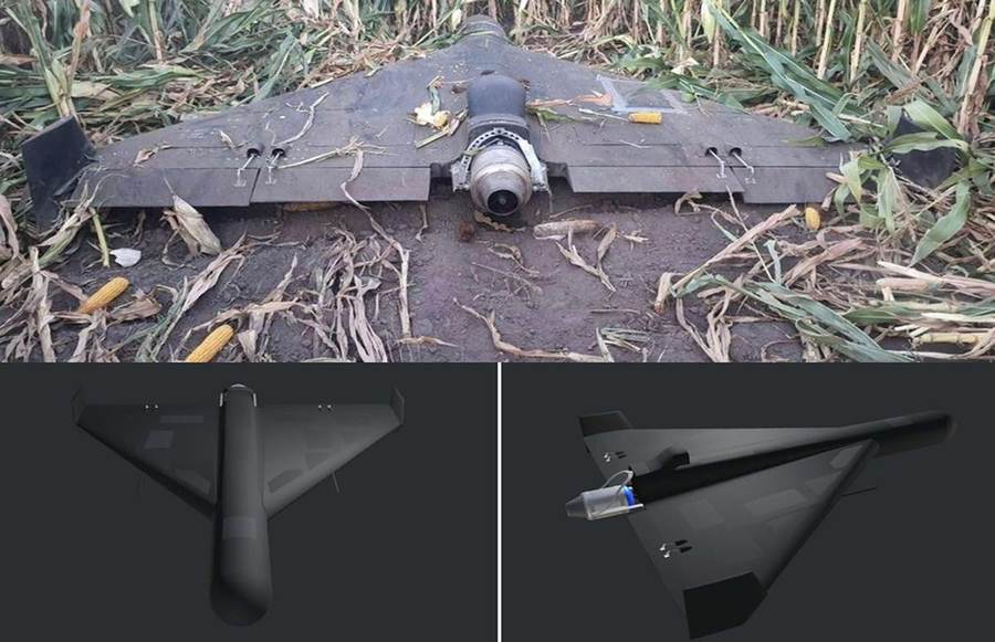 Recovered jet-powered Geran-3 drone displayed with technical renderings