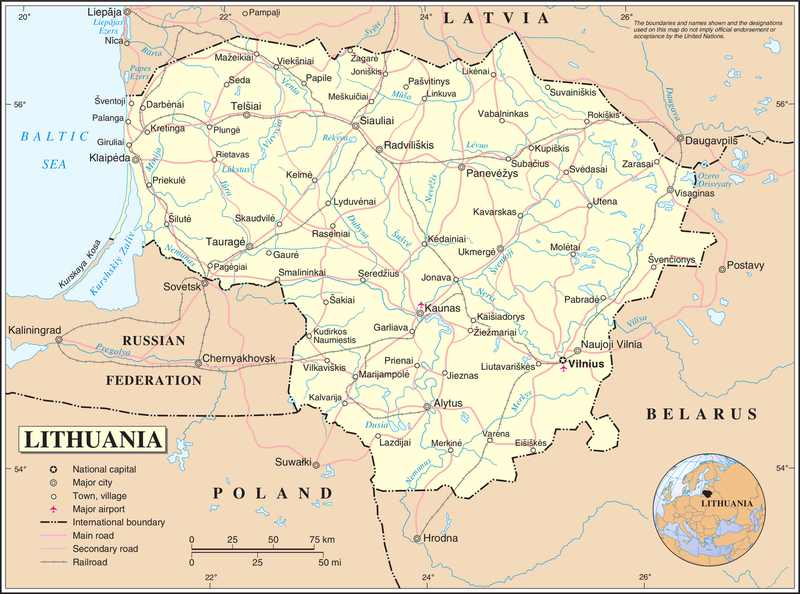 Regional map showing Lithuania between Kaliningrad, Belarus, Latvia and Poland