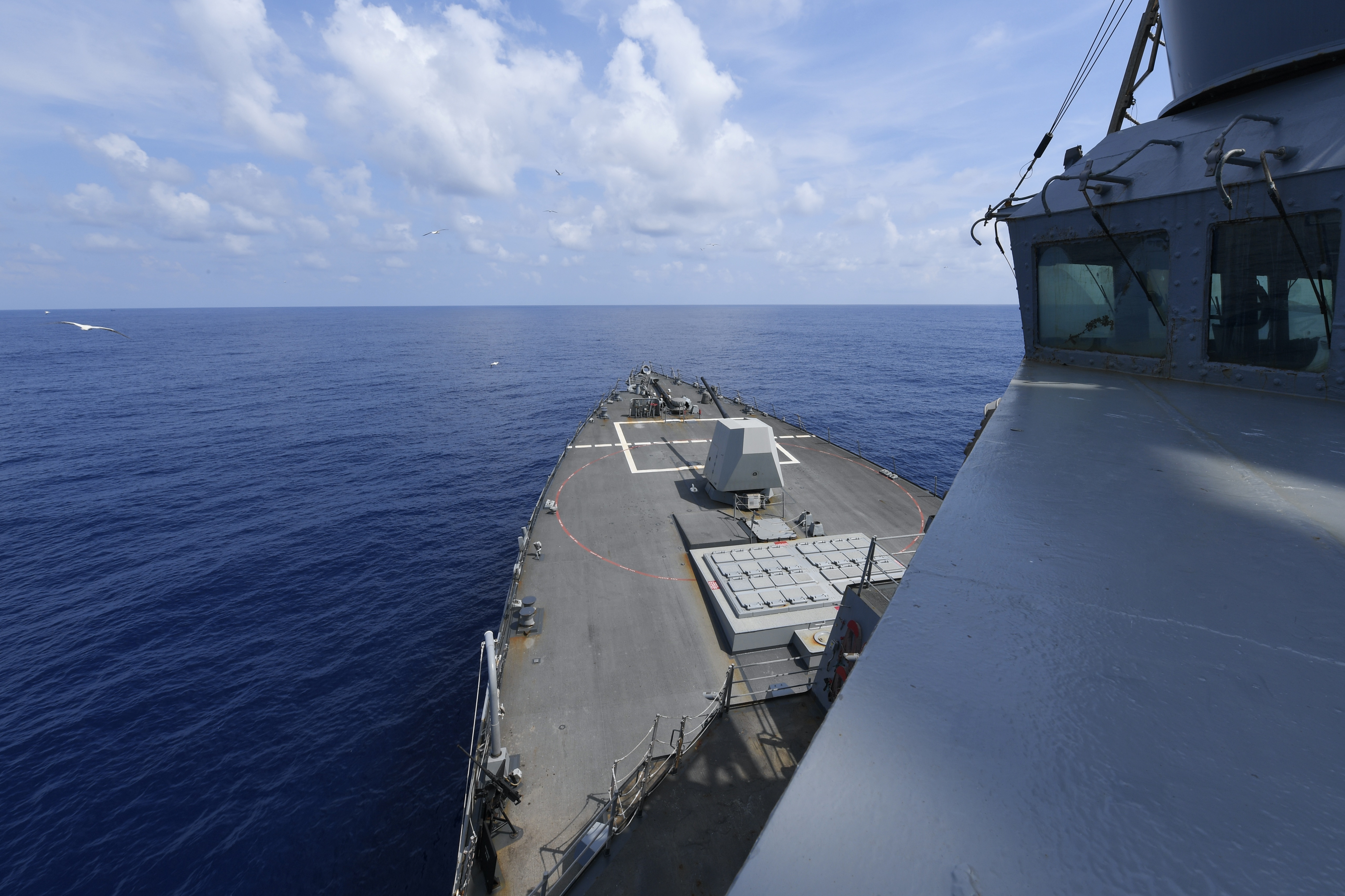 Bow of a US Navy destroyer at sea during a freedom of navigation operation