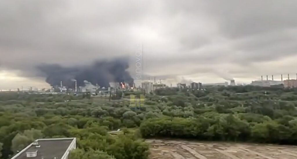 Smoke rising from a Moscow oil refinery during an earlier drone attack