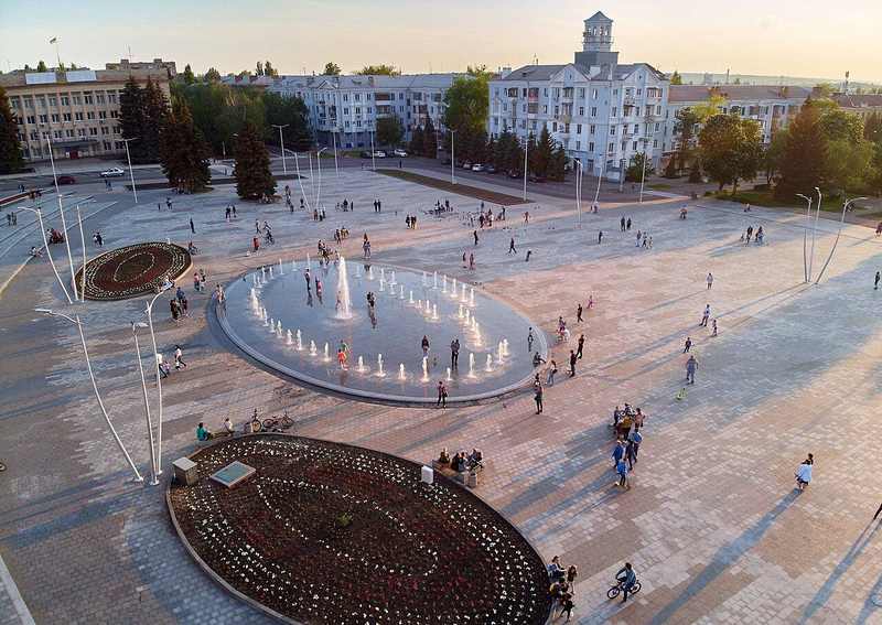 Myru Square in Kramatorsk, the eastern Ukraine fortress-belt city where a bus stop bombing killed civilians