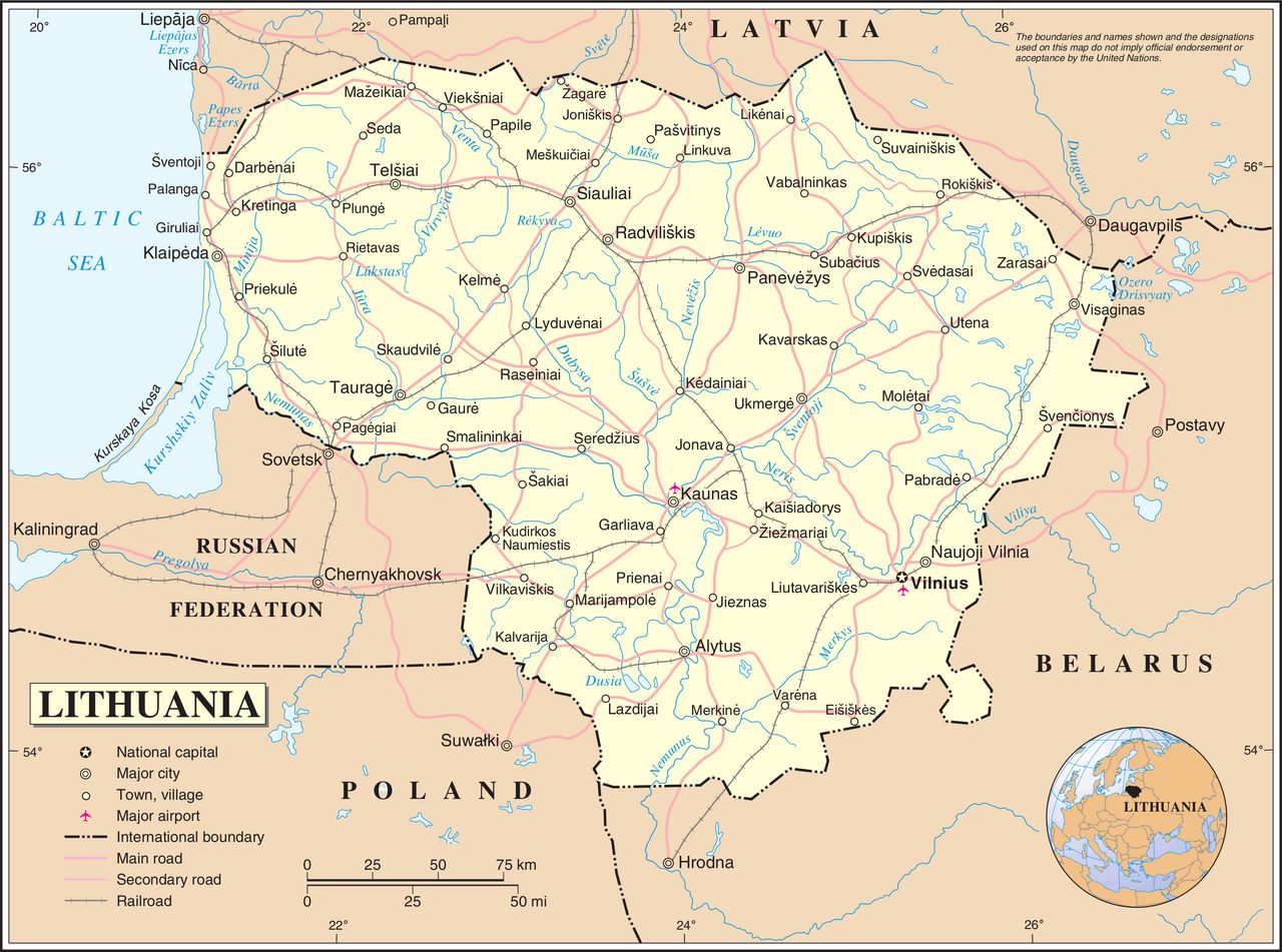 Regional map showing Lithuania between Kaliningrad, Belarus, Latvia and Poland