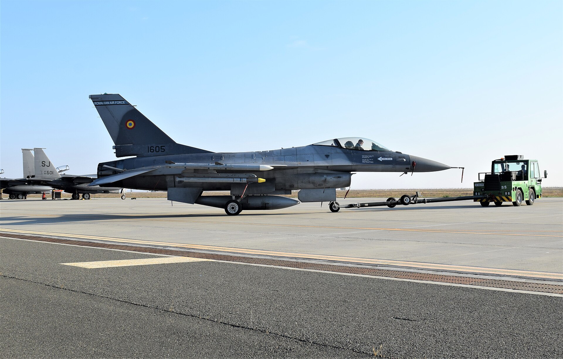 A Romanian Air Force F-16 on the ground during Operation Castle Forge — the Borcea-based jets that police NATO's Black Sea flank