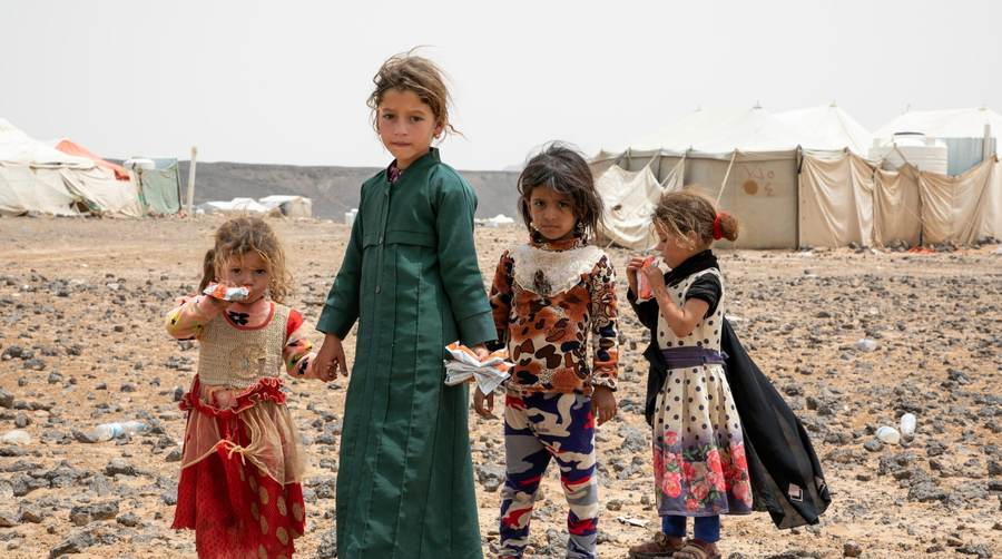 Displaced Yemeni children at a camp as the Yemen war escalation deepens hunger and displacement