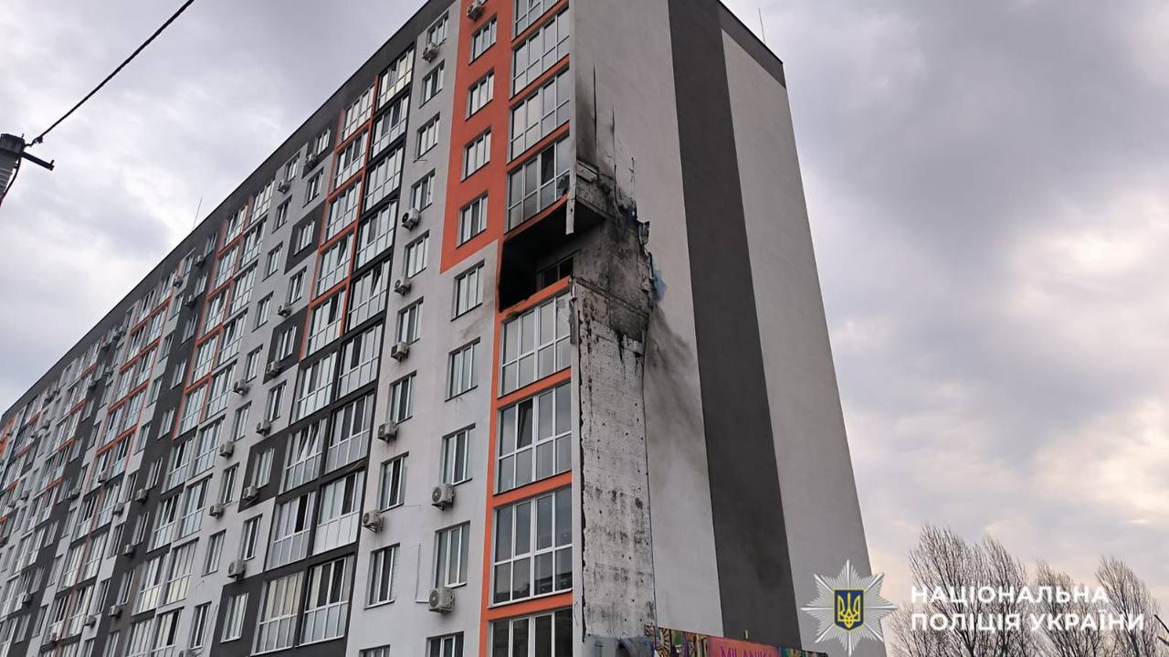 Blast damage to the upper floors of a residential high-rise near Kyiv after a Russian strike