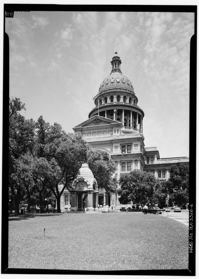 Historic south elevation survey photograph of the Texas State Capitol, where security was increased after an alleged October 2026 threat