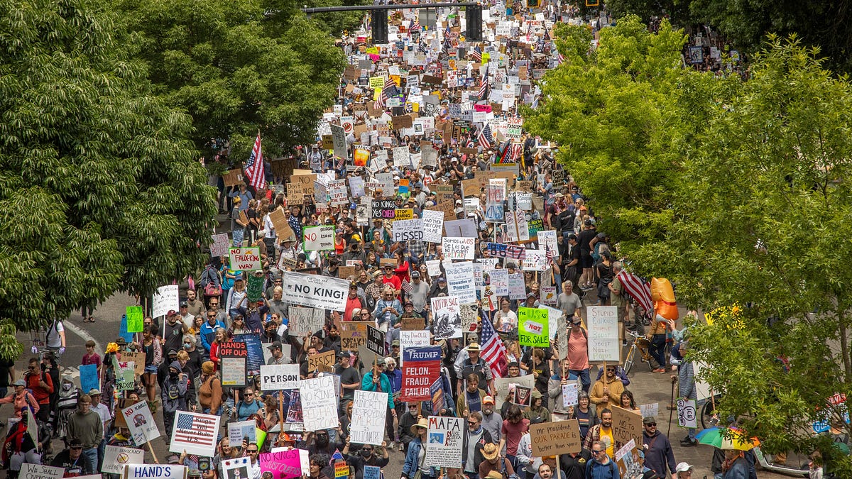 No Kings demonstrators packed shoulder to shoulder at a rally — organizers say early-voting content was restricted across Meta platforms on Saturday, file photo
