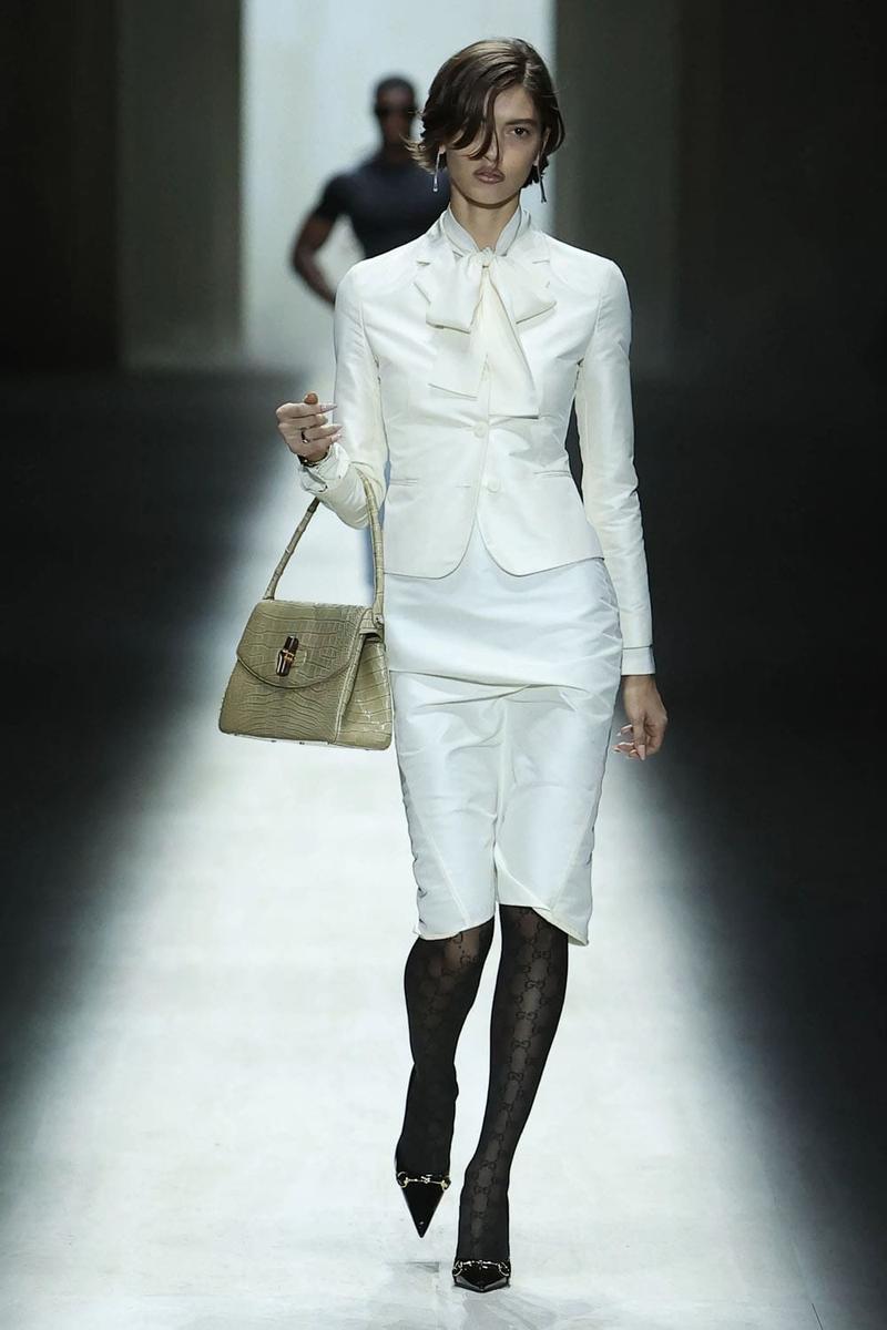 Model wearing a look from Demna's Gucci Primavera runway collection