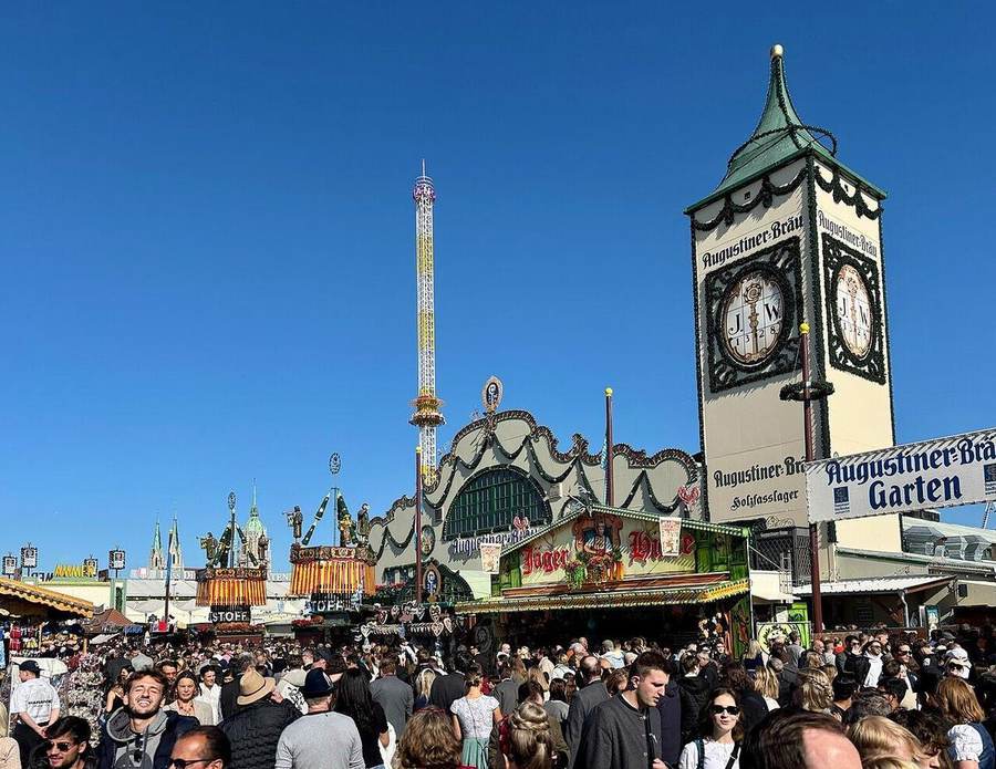 The Augustiner-Festhalle beer tent at Theresienwiese during Oktoberfest — the 2026 edition runs September 19 to October 4