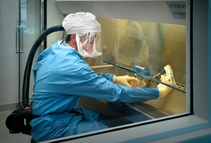 Laboratory scientist in protective equipment at a biosafety cabinet during infectious disease testing