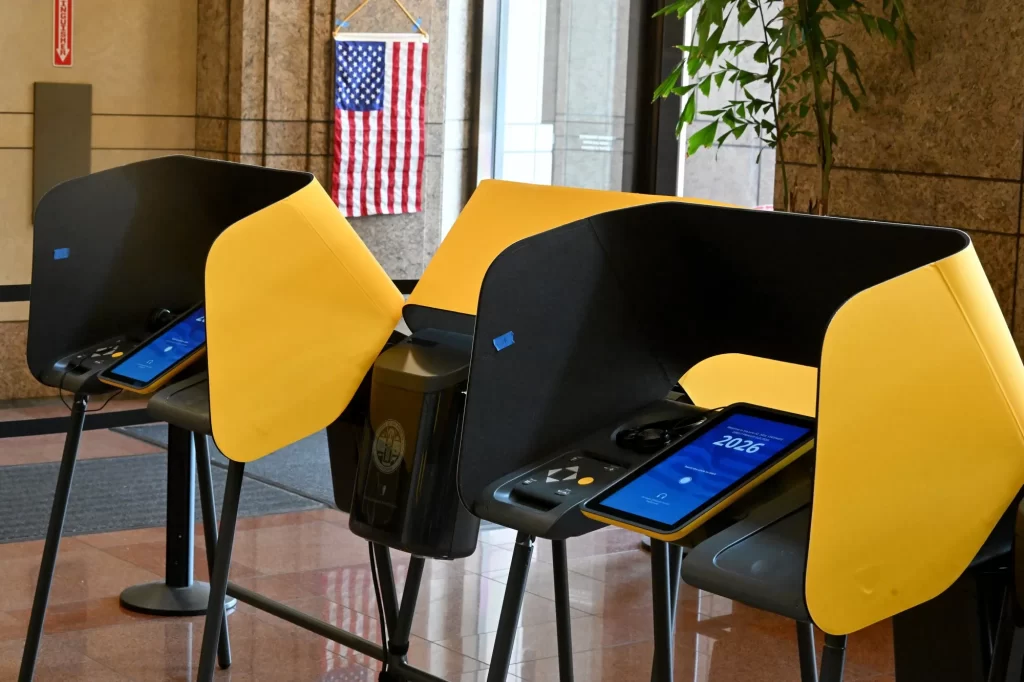 Electronic voting booths in a United States polling place