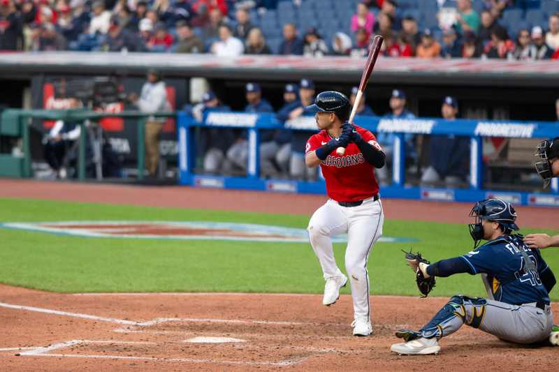 Steven Kwan batting for Cleveland against Tampa Bay — Guardians vs Rays ALCS file photo