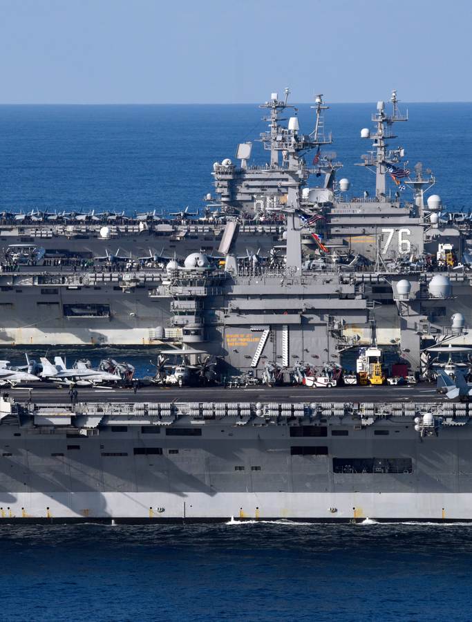 Three U.S. aircraft carrier strike groups underway together in the Western Pacific in November 2017