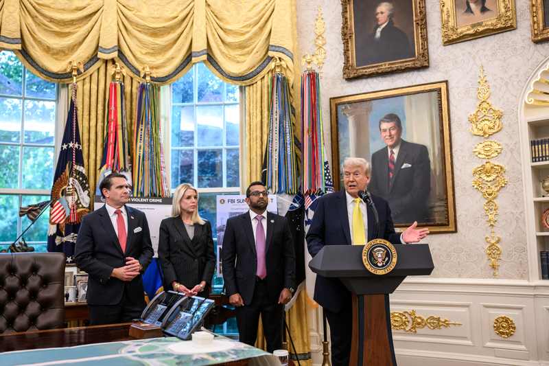 FBI Director Kash Patel with President Donald Trump at a White House press conference