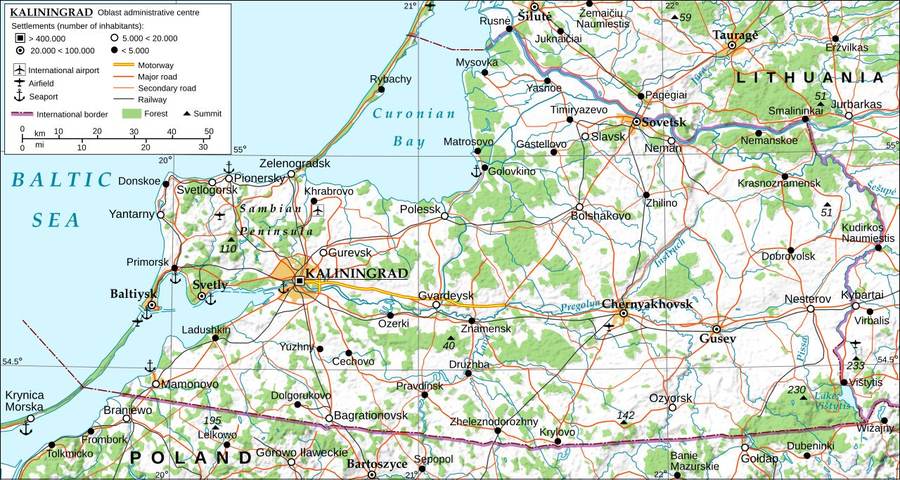 Map of Russia's Kaliningrad exclave, wedged between Poland and Lithuania on the Baltic Sea.