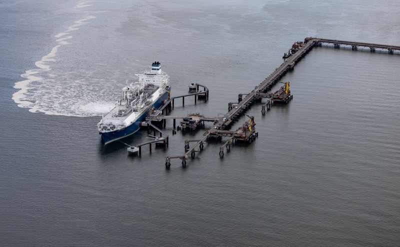 A floating LNG terminal and tanker at Wilhelmshaven, Germany