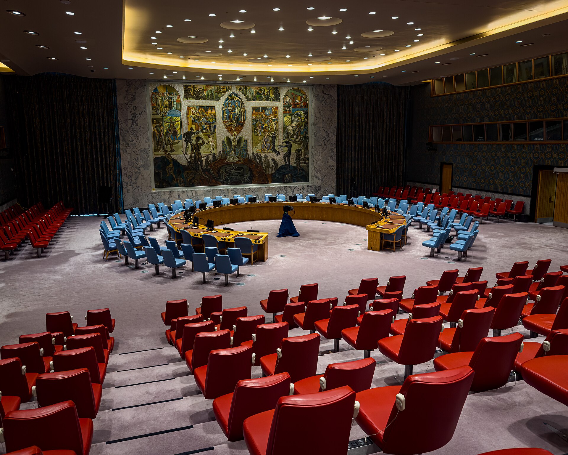 The UN Security Council chamber in New York, where the Sudan war Security Council drones hunger crisis was debated
