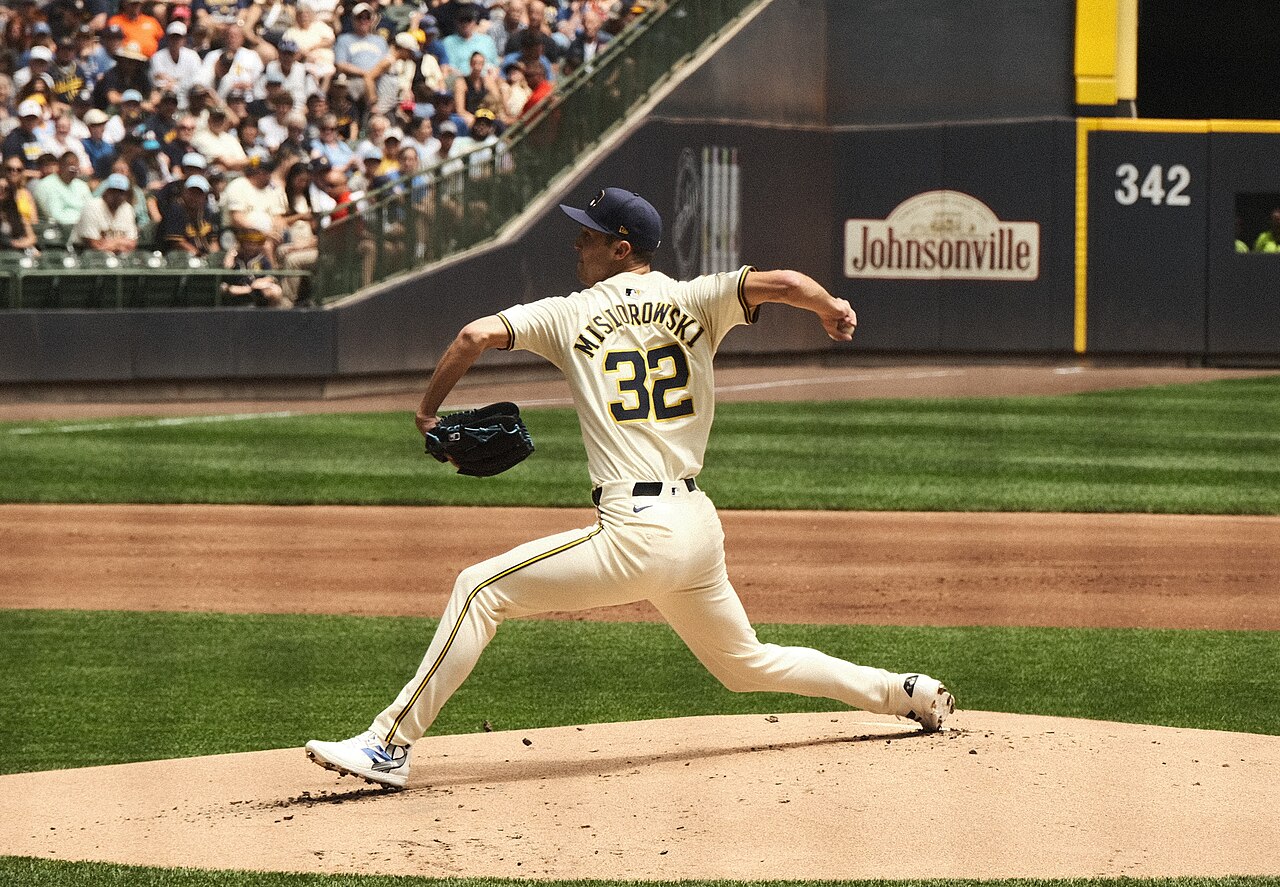 Jacob Misiorowski pitching for the Milwaukee Brewers, who started World Series Game 1 against the Tampa Bay Rays