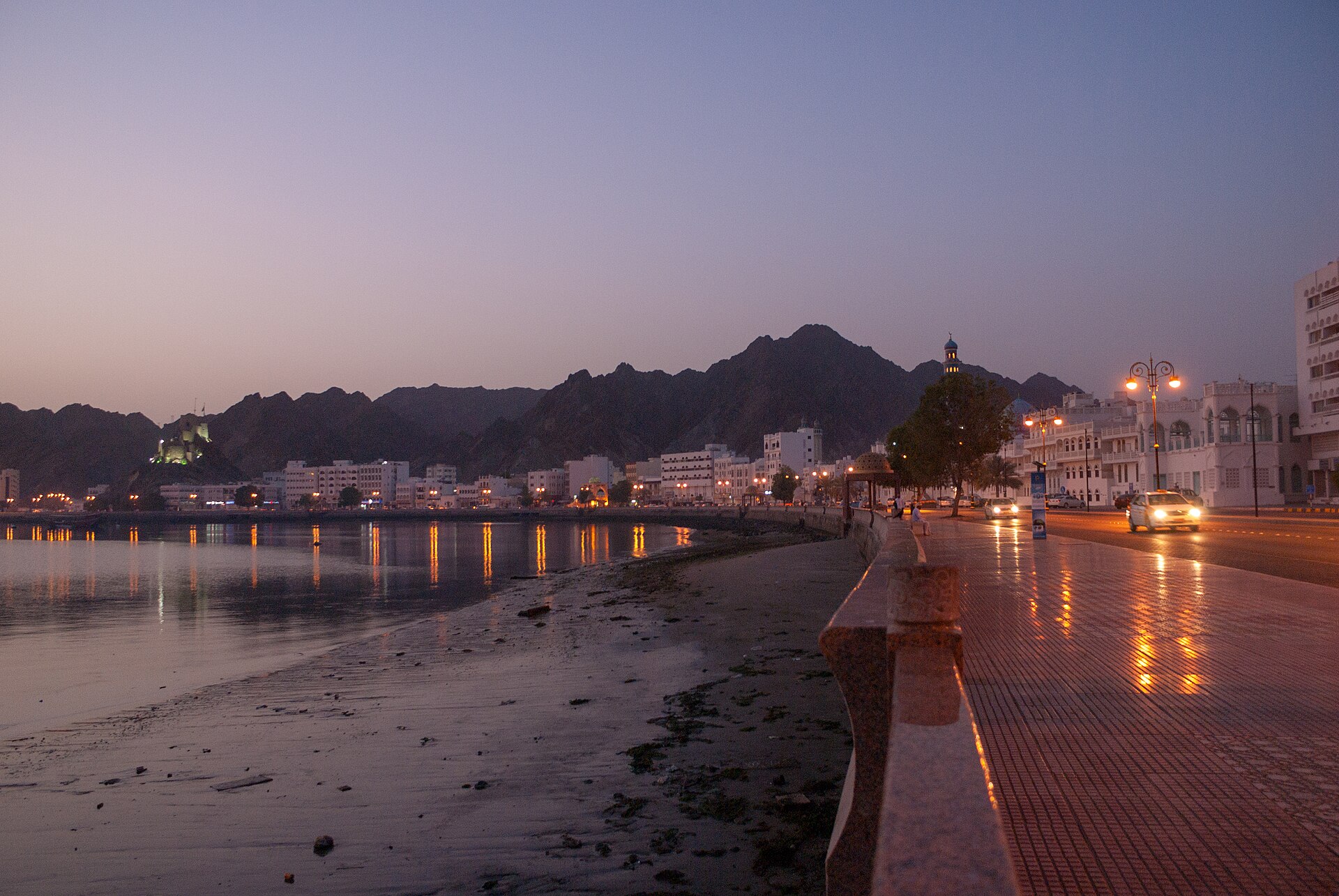 The Mutrah corniche in Muscat, Oman, at dusk — the capital whose foreign minister proposed a Gulf non-aggression pact