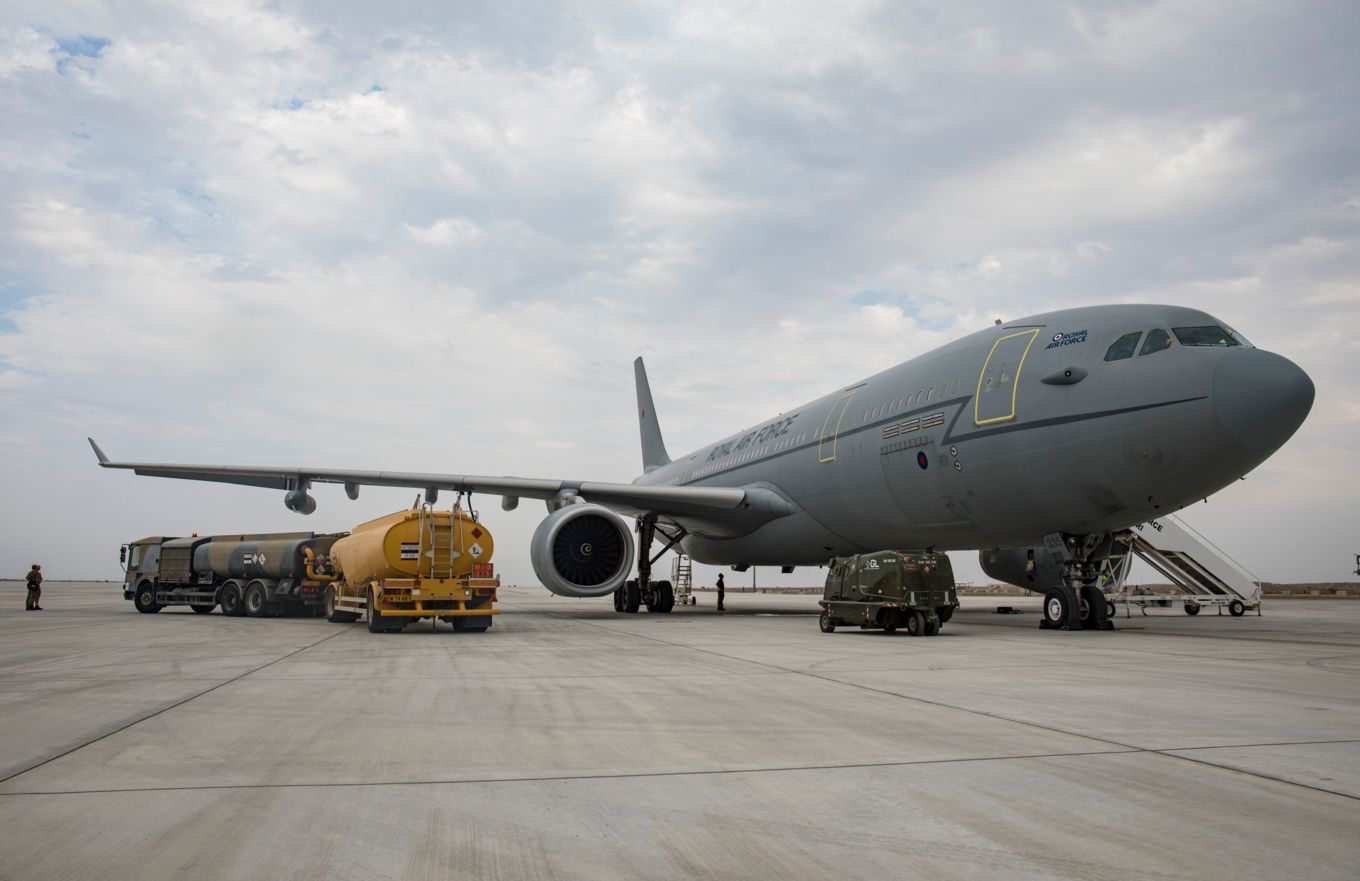 A Royal Air Force Voyager tanker aircraft on an airfield in an official file photograph