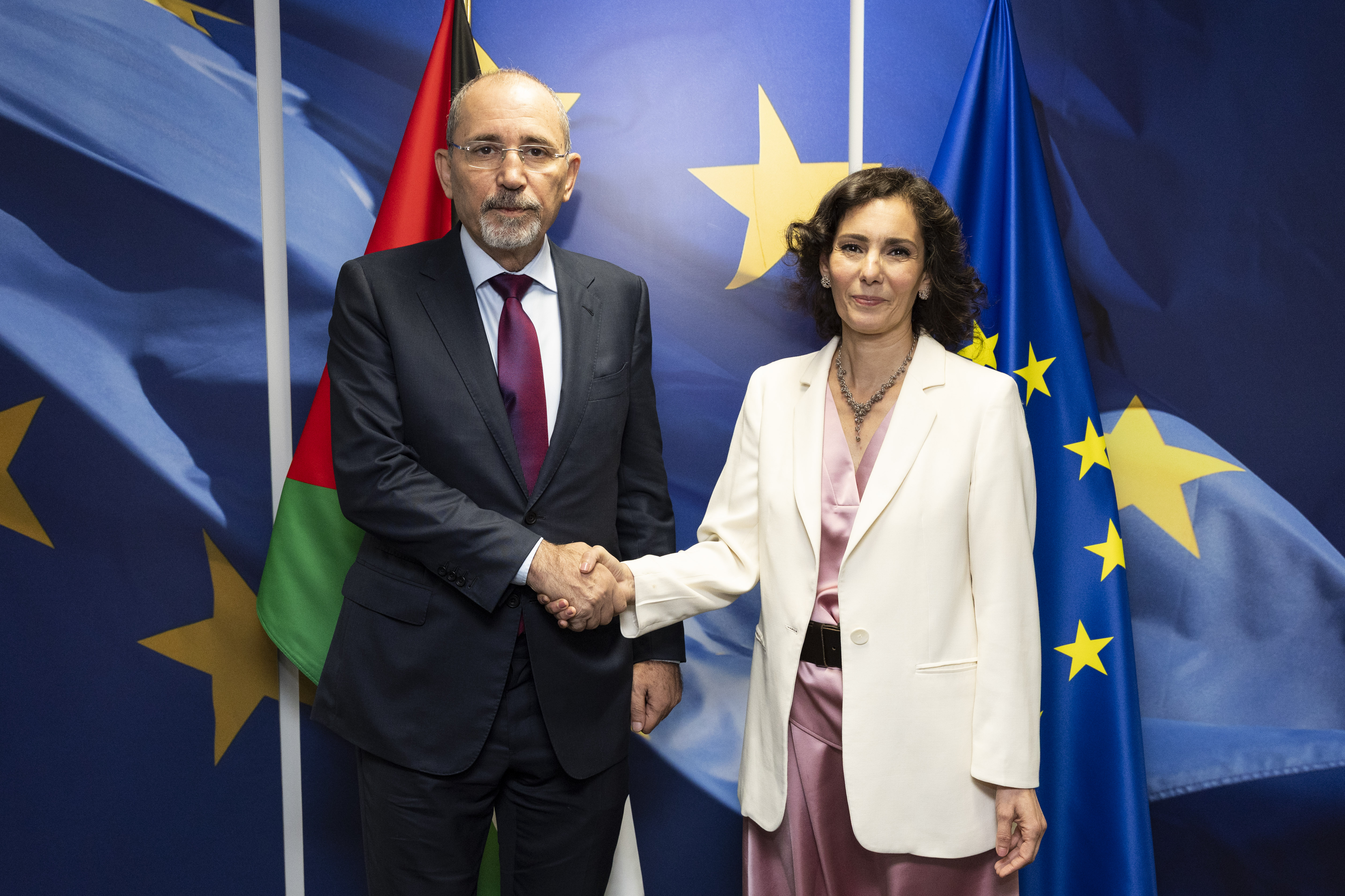 Jordanian Foreign Minister Ayman Safadi, left, in Brussels in 2025 — the Ayman Safadi Asaad al-Shaibani call produced the Jordan Syria airstrikes security committee
