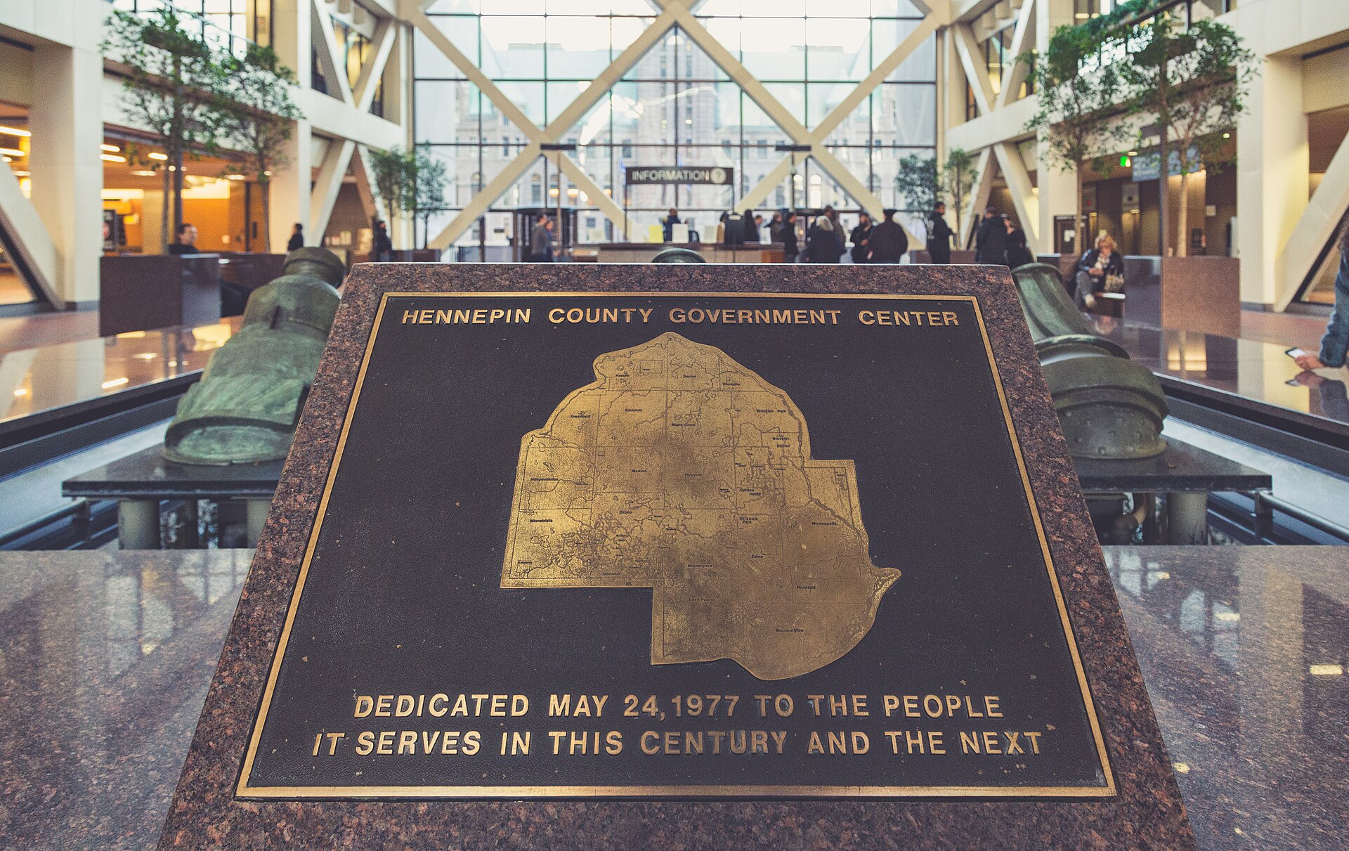James O'Keefe charged Minnesota — the dedication plaque inside the Hennepin County Government Center in Minneapolis, where the county attorney's office brought felony charges against James O'Keefe and Cam Higby