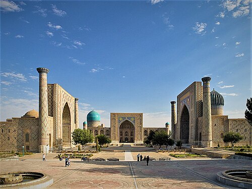 The Registan square in Samarkand with its three madrasas and turquoise tilework