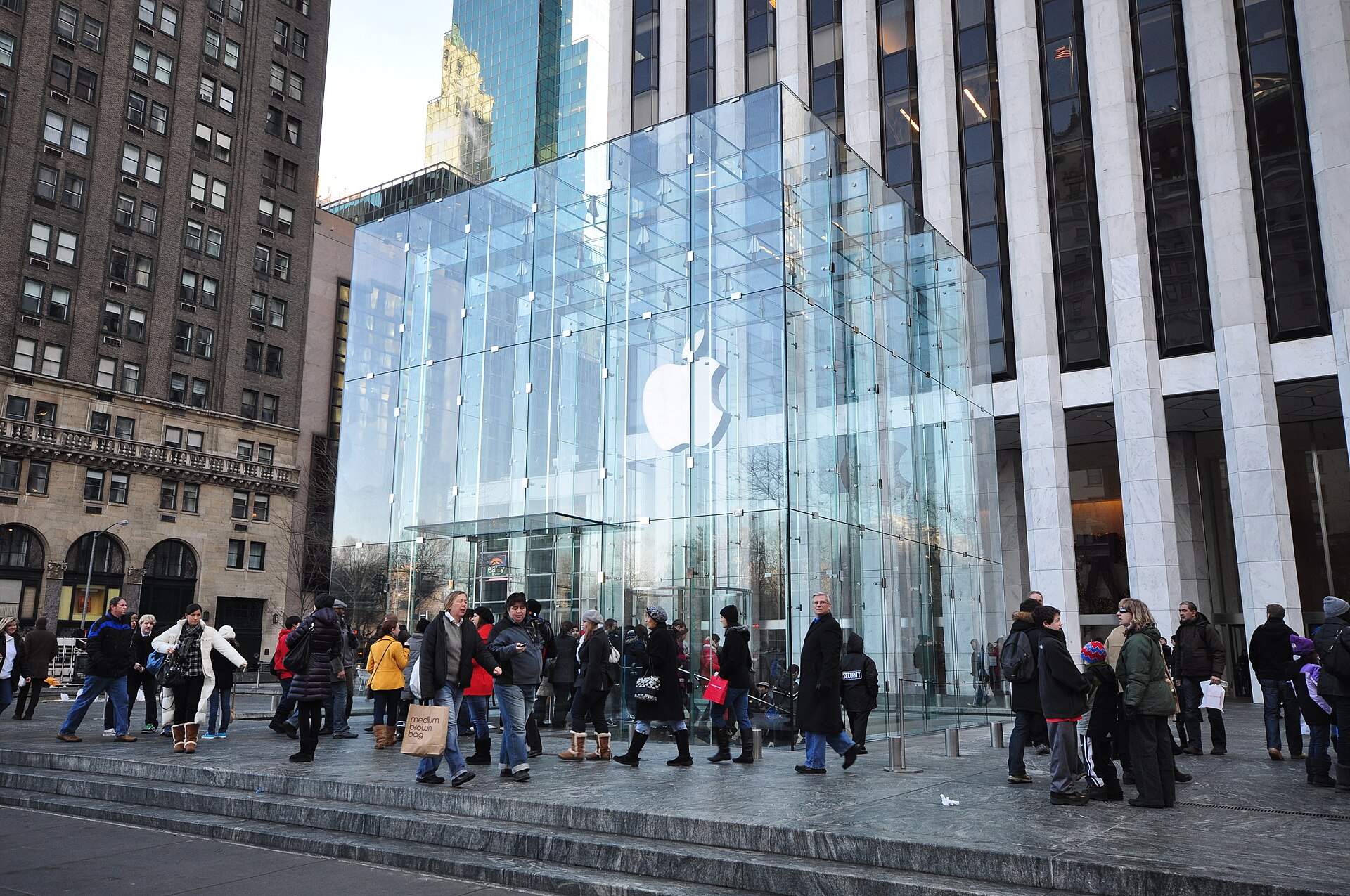The glass cube entrance of Apple's Fifth Avenue store in New York — file photo