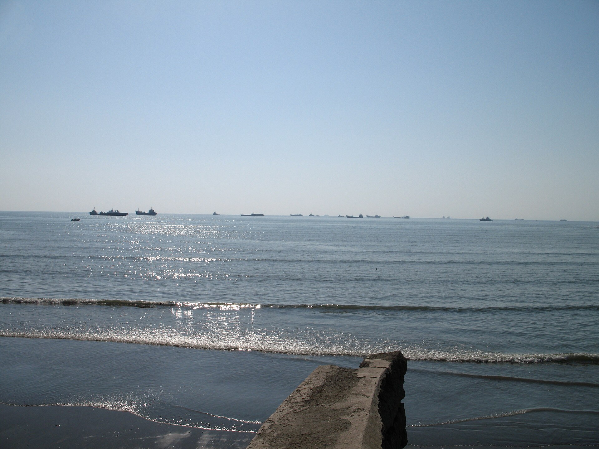 Tankers and cargo ships at anchor off Bandar Abbas on the Iranian coast of the Strait of Hormuz
