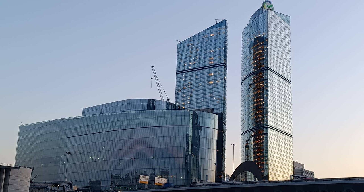 Sberbank City headquarters towers in Moscow with the Sberbank logo, Sberbank data centre drone strike