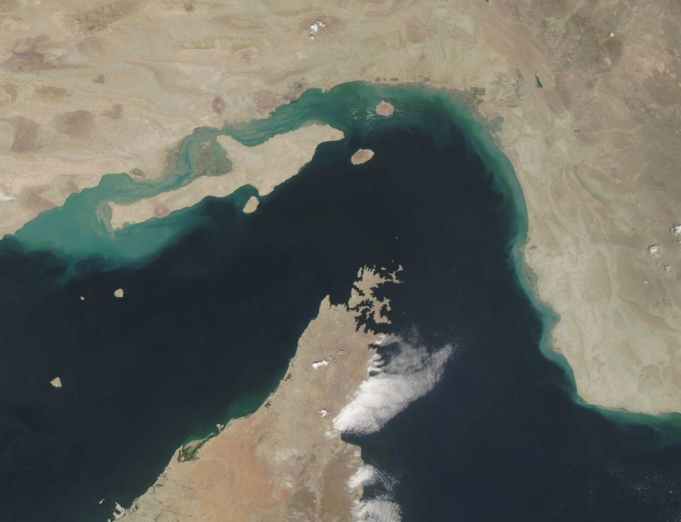 NASA satellite view of the Strait of Hormuz with Qeshm Island and the Musandam Peninsula